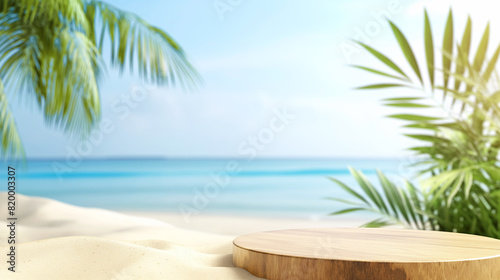 Podium wooden pattern Summer display  pile of sand  palm leaf coconut tree  summer beach background