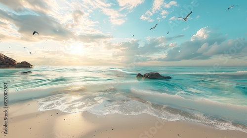  There are three seagulls flying over the ocean. The water is a deep blue color  and the sky is light blue. The sun is setting  and there are some clouds in the sky.