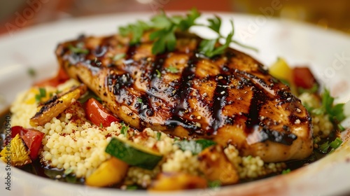 A plate of food with a grilled chicken breast, couscous, and roasted vegetables.