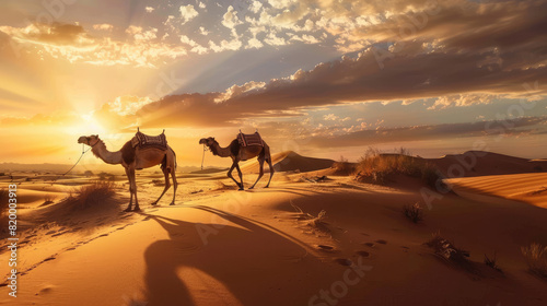 Two camels walking across the desert at sunset with dramatic skies and sand dunes in the background.
