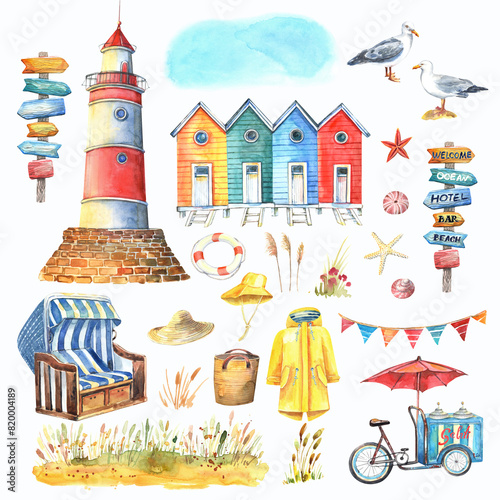 Hello summer watercolor elements. Beach clipart with signpost, lighthouse, yellow raincoat, shells, colored houses,  rain boots, beach chairs, sky, blades of grass   Stock illustration. Hand painted.