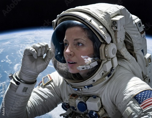 The image depicts an female astronaut in a white space suit, giving a thumbs-up sign while floating in space with Earth in the background. Ai Generated