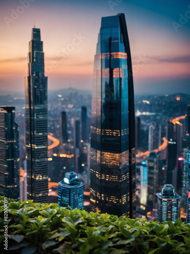 Futuristic cityscape  Skyscraper vertical gardens.