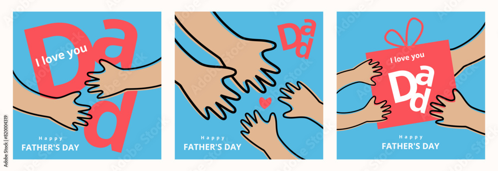 Happy Father's Day card set with cute illustration of kids hands and ...
