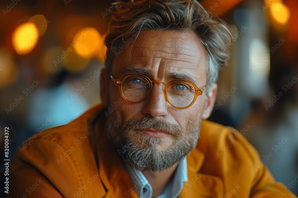 Bearded man in glasses, orange jacket, with facial hair