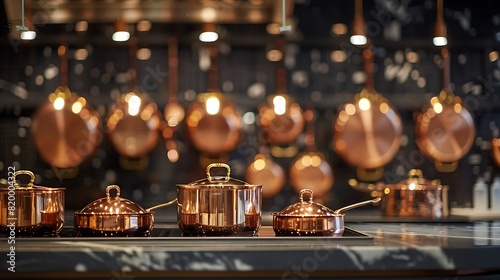 A row of gleaming copper pots hangs above a marble-topped island, their polished surfaces catching the light and adding a luxurious touch to the culinary workspace. photo