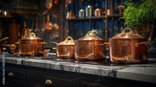 A row of gleaming copper pots hangs above a marble-topped island, their polished surfaces catching the light and adding a luxurious touch to the culinary workspace.