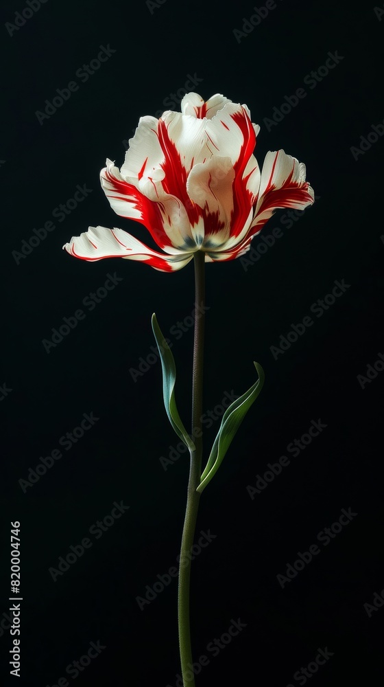 Obraz premium A red and white parrot tulip, long stem on a black dark background. Parrot tulip with red and white striped petals against a black background, highlighting its vibrant colors and intricate details