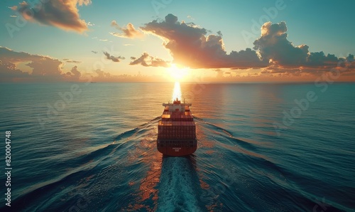 aerial view ultra large container vessel at sea. box ship spelled containers hip on a beautiful ocean with lot of containers. sunset or twilight on the background. photo