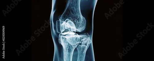 A clinical Xray image depicting the knee joint, showing bone structure and ligament arrangement for medical analysis and assessment © Fay Melronna 