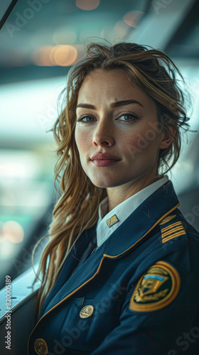 a professional and approachable flight crew member, modern airport structure in soft focus behind, capturing the essence of air travel.