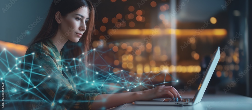 A woman is seen focused on her laptop in a modern workspace with digital network connections, illustrating technologys role in remote work and communication in a professional setting