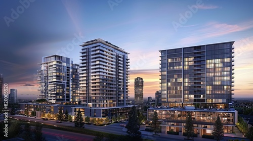 Apartment buildings with glass windows. They are lit up  and the sky is dark with a hint of sunset.