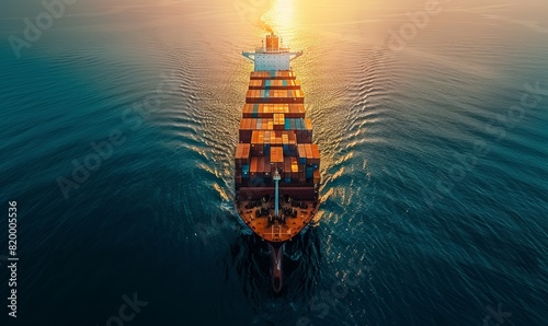 aerial view ultra large container vessel at sea. box ship spelled containers hip on a beautiful ocean with lot of containers. sunset or twilight on the background. photo