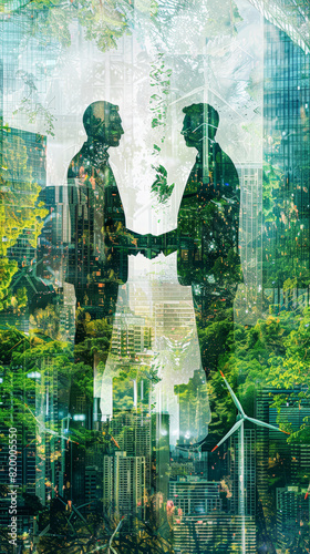 a strategic partnership for green technology, with two figures in business suits shaking hands, superimposed on a canvas of urban renewable energy infrastructure and verdant woodlands.