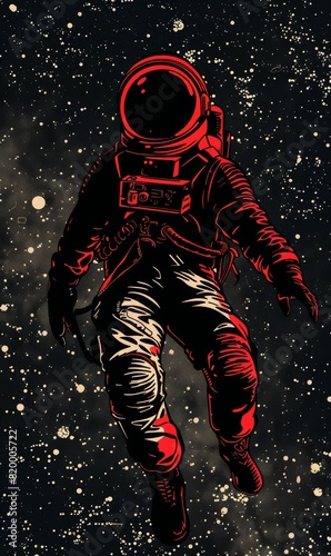Red and White Ink Drawing of Astronaut in Space with Stars in High Contrast © Nadin Faust