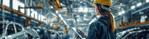 A female engineer utilizes a tablet to oversee operations in an automotive manufacturing facility, ensuring quality control and efficient production processes in the automotive industry