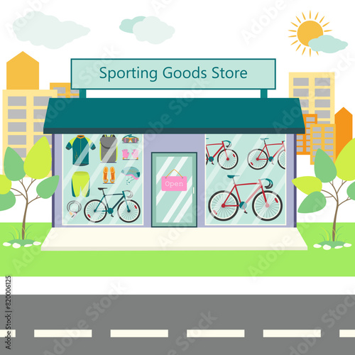 Exterior of a sporting goods and bicycle store. Vector illustration. Shop window facade. Sports store against the backdrop of the city.