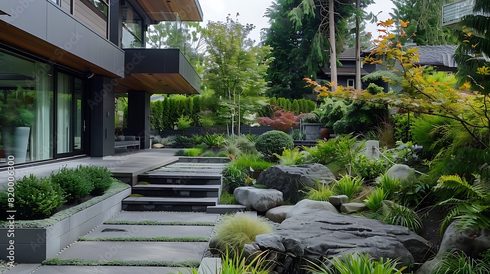 Obraz premium Modern Architectural Marvel: A Sleek Contemporary House Amidst Nature's Embrace, Captured in Perfect Harmony at -70F, Emanating Tranquility and Timeless Elegance