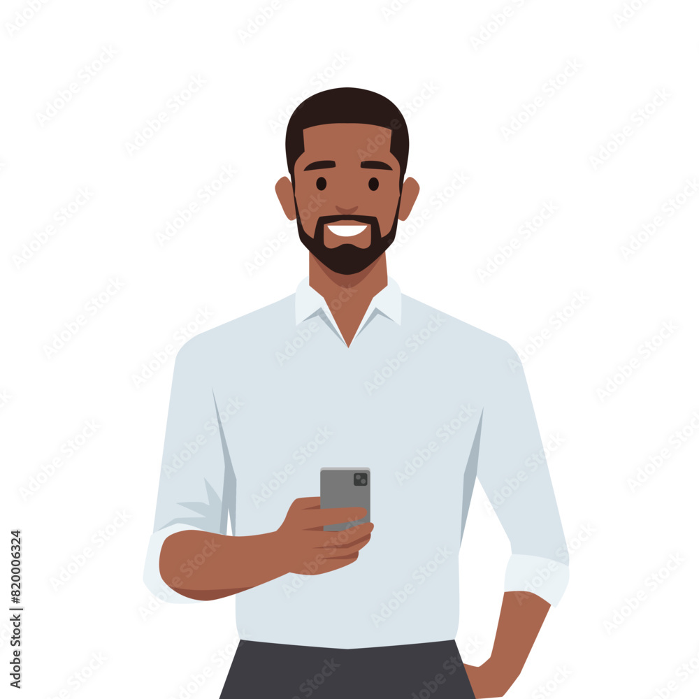 Happy man is holding a smartphone. Person and gadget. Flat vector illustration isolated on white background Happy man is holding a smartphone. Person and gadget. Flat vector illustration isolated on white background