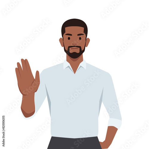 Young business man making or showing stop gesture sign with hand, saying no. Flat vector illustration isolated on white background