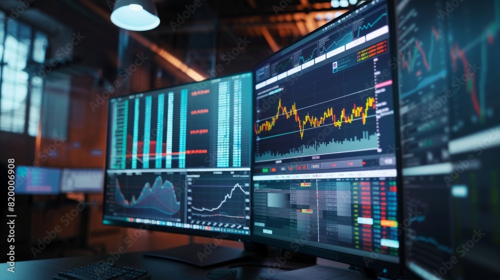 Several monitors actively showing real-time stock market data on trading, investment, and cryptocurrency Several monitors actively showing real-time stock market data on trading, investment, and cryptocurrency