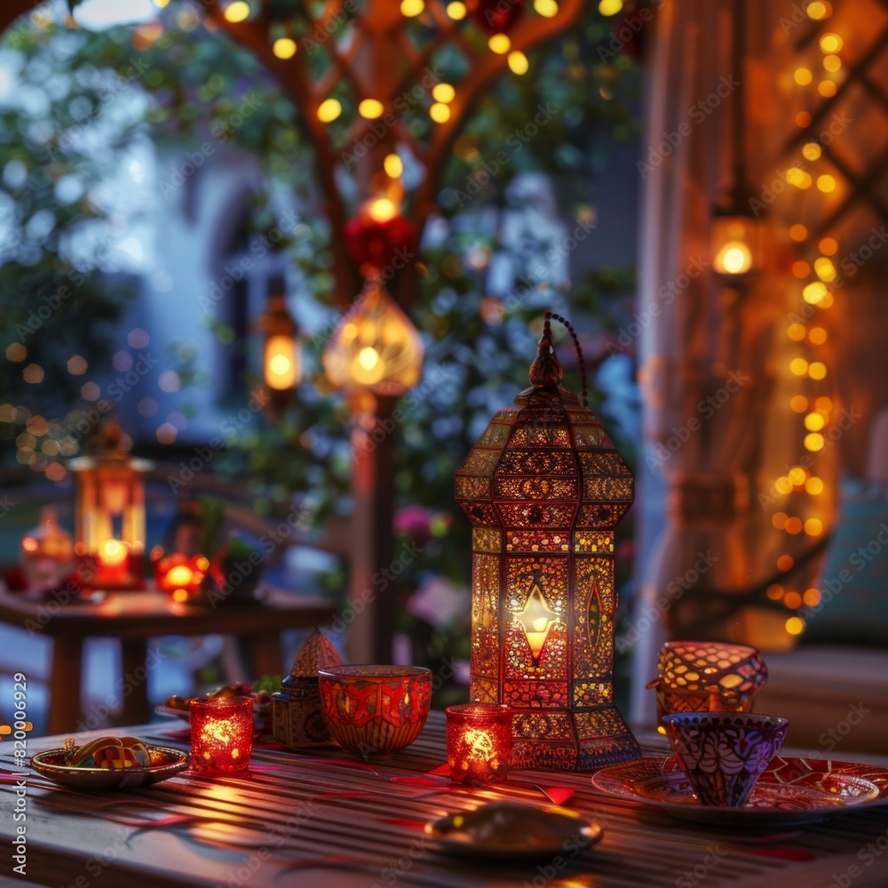A table with a lantern on it and other candles