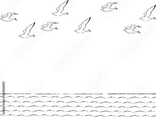 ペンで描いたカモメと海の背景