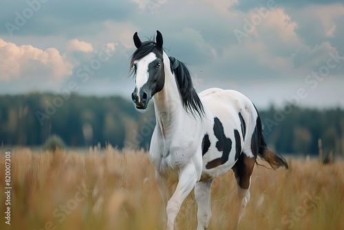 A white and black warmblood horse with blue eyes, in the pasture, full body, running photo