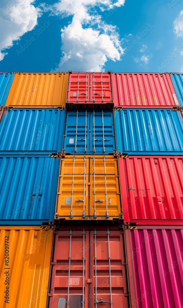 Fototapeta premium Colorful stack of cargo shipping containers in shipping yard with beautiful clear sky. vertical. 