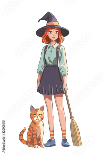 Teen girl in a hat, with a broom and a red cat isolated on a white background.