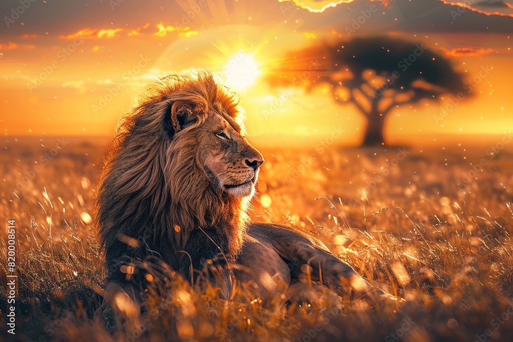 Naklejka premium Lion sitting in field at sunset