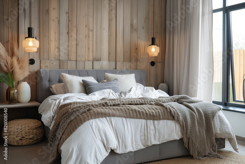Scandinavian style interior design of modern bedroom. Wood bed with white bedding and bedside cabinets.