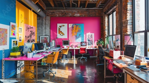 An office space with bright pink and yellow walls, colorful artwork on the walls, and several desks with computers on them.
