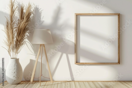 Small square wooden frame mockup in japandi style room interior with caned lamp and dried Pampas grass in beige ceramic vase on empty white wall background. 3d rendering illustration