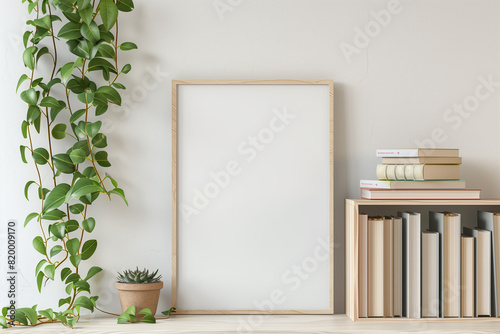 Small vertical wooden frame mockup in scandi style interior with trailing green plant in pot pile of books and shelf on empty neutral white wall background. A4 A3 format. 3d rendering illustration