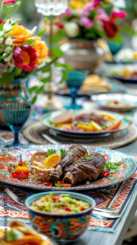 Fototapeta premium Close-Up of Eid Table Setting, Eid feast, Islamic celebration, Family feast.