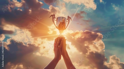 A person is holding a trophy in front of the sun. The sky is a bright orange color.

 photo