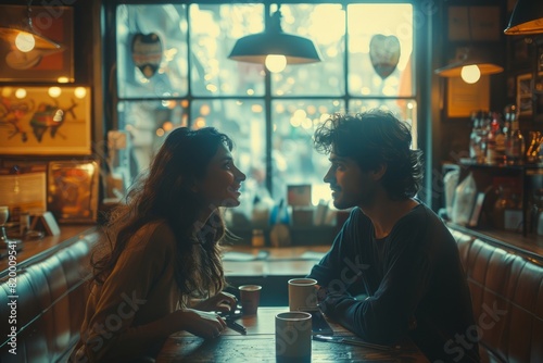 A man and a woman sit at a table in a restaurant  gazing at each other