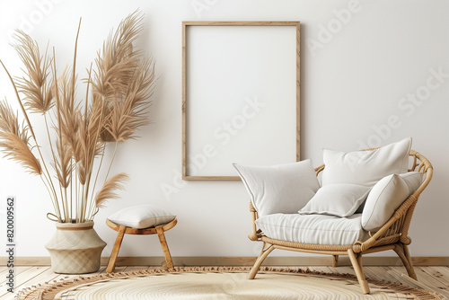 Square frame mockup in warm living room interior with beige armchair pillow wicker rug dried Pampas grass and boho style decoration on empty wall background. 3D rendering illustration photo