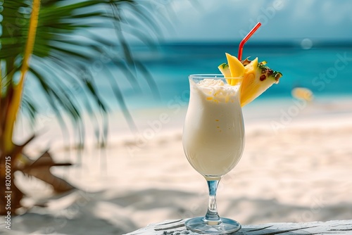 Cocktail  Pina Colada  on the background of the sea. for the Menu.