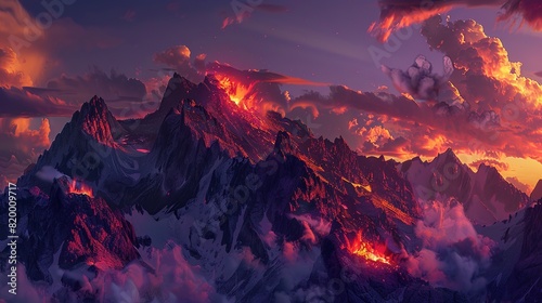 A volcano erupting at night, lava flowing down its sides.