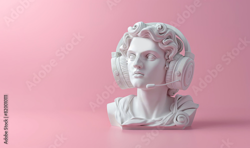 Portrait of a man marble sculpture from the Greek era with modern gaming headphones, in front of a solid pink background