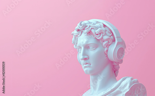 Portrait of a man marble sculpture from the Greek era with modern gaming headphones, in front of a solid pink background