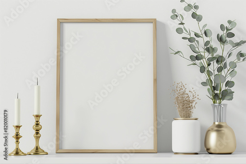 Square poster mockup with wooden frame eucalyptus branches in vase and brass candle holders on empty white wall background. Minimalist Christmas interior decoration. 3d rendering illustration. photo