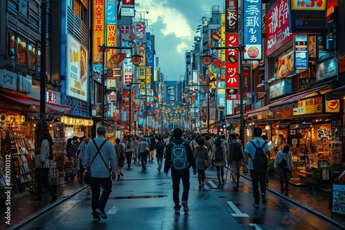 An aesthetically bright Tokyo street at night. photo