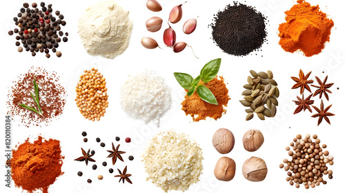 Fototapeta Naklejka Na Ścianę i Meble -  Different spice and seasoning placed in a flat layout isolated on a transparent background, PNG, Ai