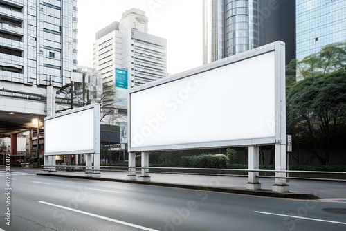 Blank billboard sign mockup in the urban environment  on the facade  empty space to display your advertising or branding campaign