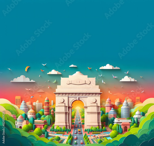 India Gate, Delhi India in papercraft-themed illustration diorama