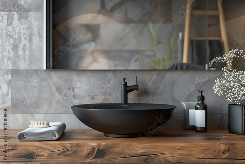 Stylish black vessel sink and faucet on wooden countertop. Interior design of modern bathroom. Created with generative AI